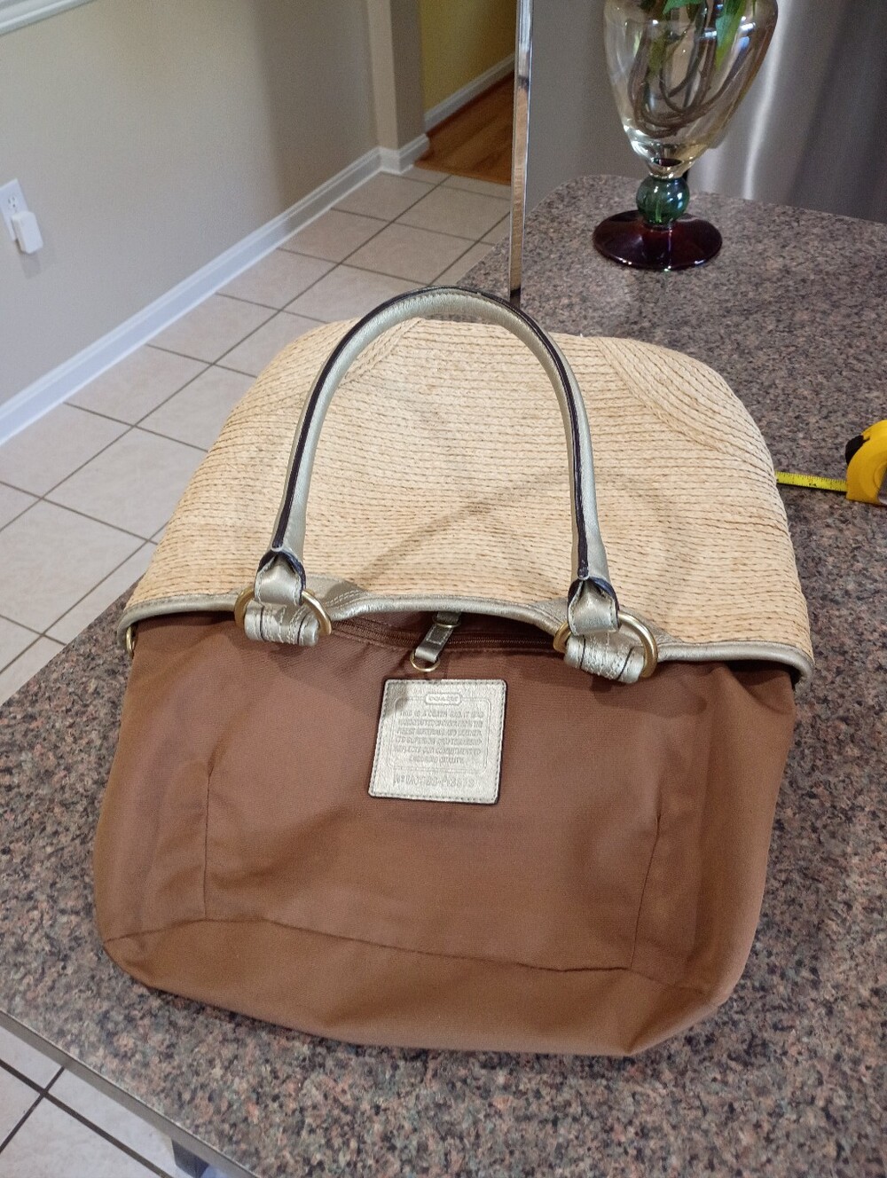 Coach Natural Straw Tote with Metallic Gold Trim and Floral Applique - Picture 6 of 16